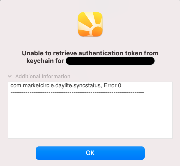 Daylite error message popup that reads Unable to retrieve authentication token from keychain