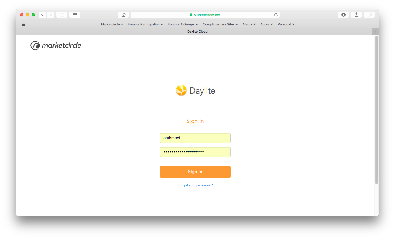 Daylite account panel webpage open on the login screen