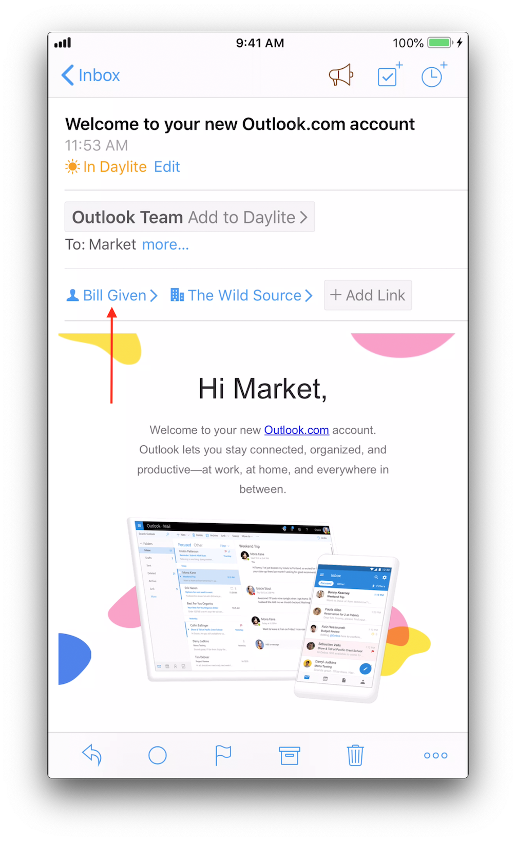View of the Daylite Mail Inbox. One Email example is open and a linked Contact is highlighted.