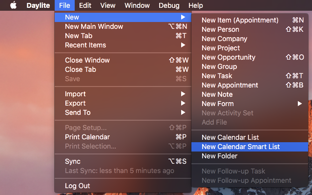 Add a New Calendar Smart List from the File menu
