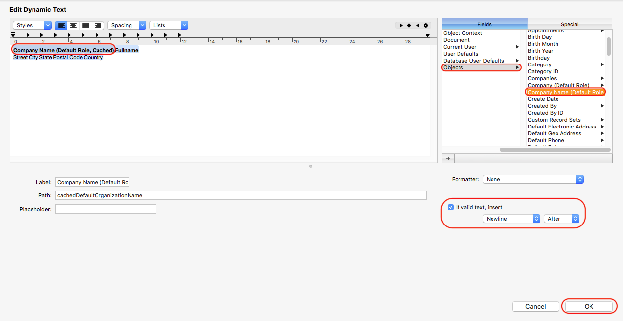In Daylite-->Templates, the dynamic text editor window is displayed