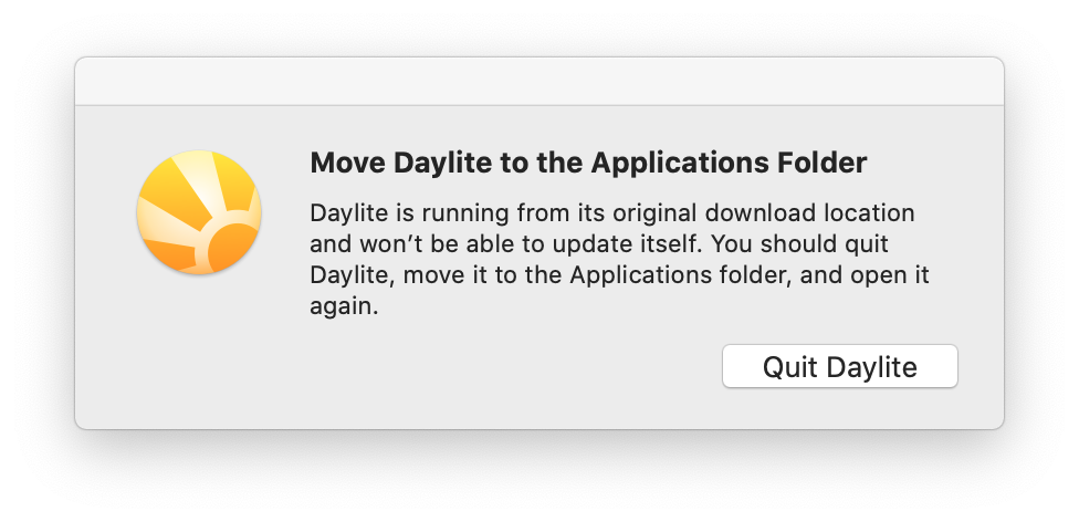 Daylite error popup window that says Move Daylite to the Applications Folder and have a quit Daylite button