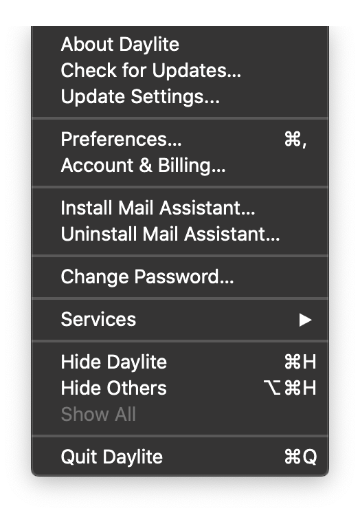 daylite menu to uninstall mail assistant