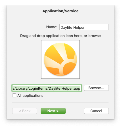 ESET Application/Service popup to add exceptions, /Applications/Daylite.app/Contents/Library/LoginItems/Daylite Helper.app filled out in the editbox