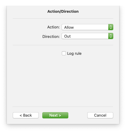 ESET Action/Direction popup with Action dropdown set to Allow and Direction dropdown set to Out