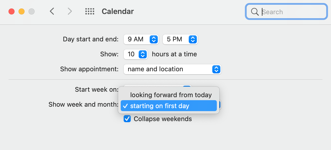 In Daylite’s Calendar Preferences, the option for “Show week and month” is highlighted as “starting on the first day.”
