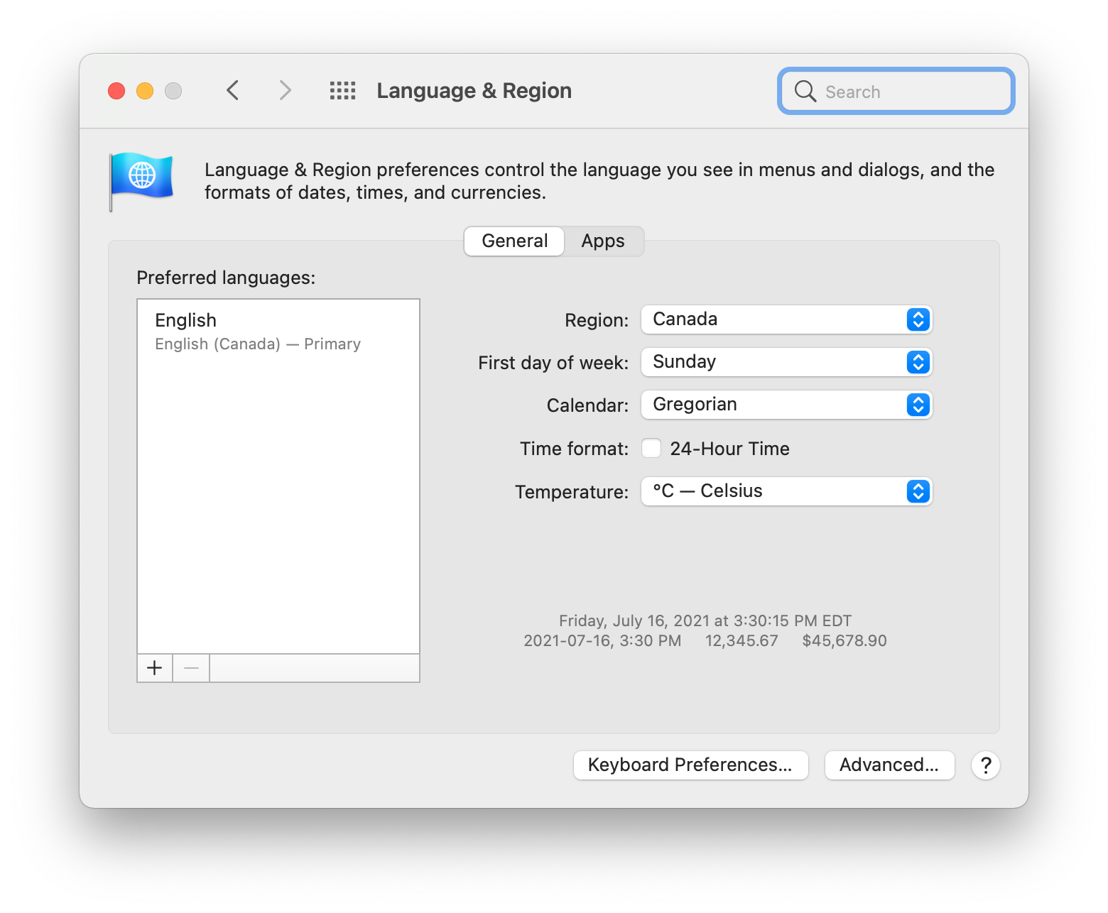 Showcasing the Language and Region Preferences in Mac System Preferences.