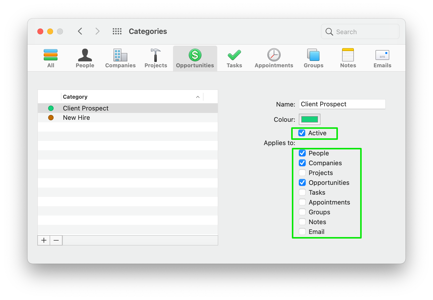 In Daylite’s Preferences > Categories, there is a checkmark next to Active and the Objects that they apply to are highlighted.