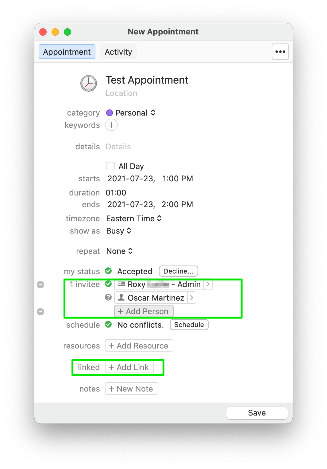 A Test Appointment in Daylite highlighting the difference between Invitees and Linked Contacts. The first will get an Email Invitation and the other will not.