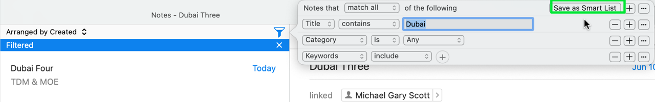 Within the Notes section of Daylite, using the filter to show how to Save a Smart List.